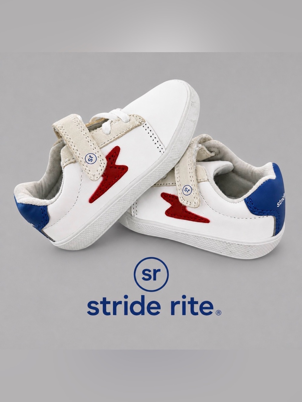 Stride Rite SR Kalin Boys 6W Wide Sneakers Lightning Bolt White Leather Red Blue